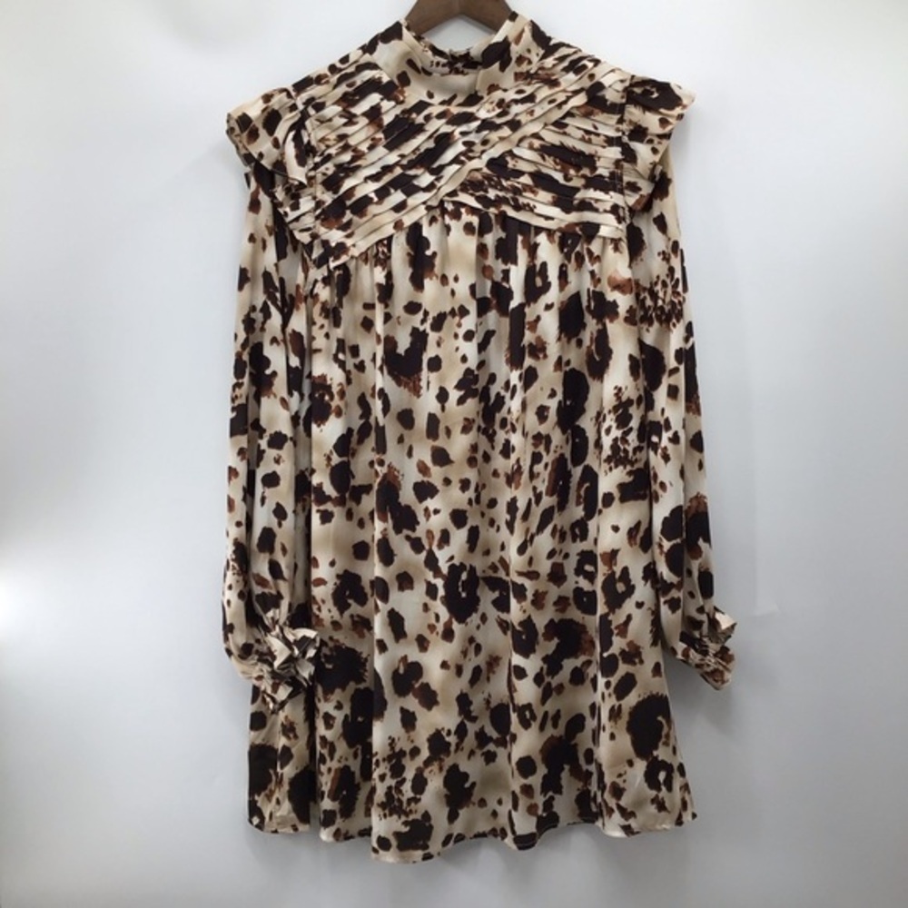 Entro Cow Print Ruffled Long Sleeve Mini Dress - Picture 2 of 16